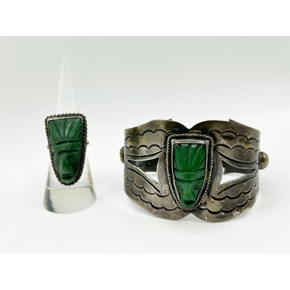 Mexico Silver Green Onyx Warrior Face Cuff Bracelet & Ring Set